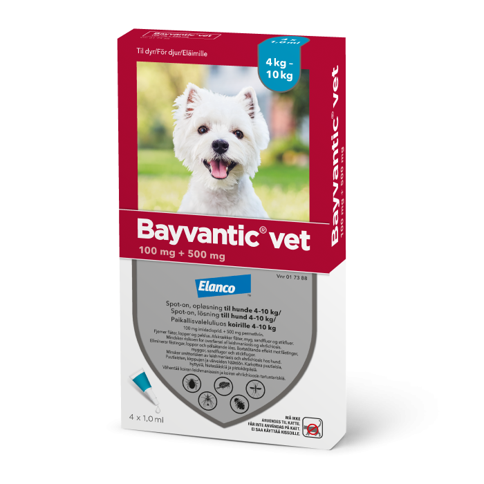 BAYVANTIC VET KOIRILLE 4-10 KG 100/500 mg paikallisvaleluliuos 4x1 ml